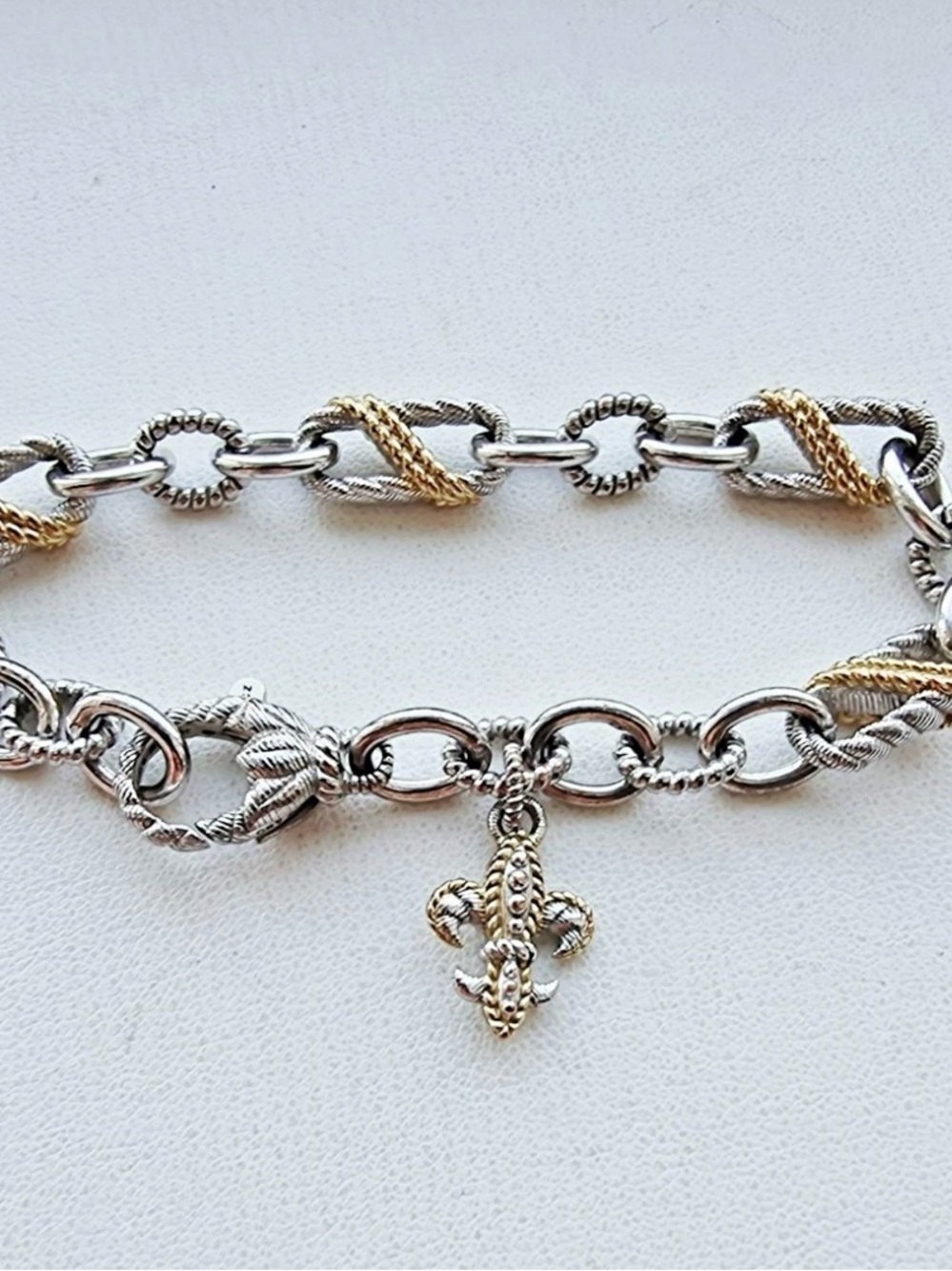 Judith Ripka 925 Sterling Two-Tone Fleur-de-Lis Charm Bracelet 8” 29g CZ - Picture 11 of 15
